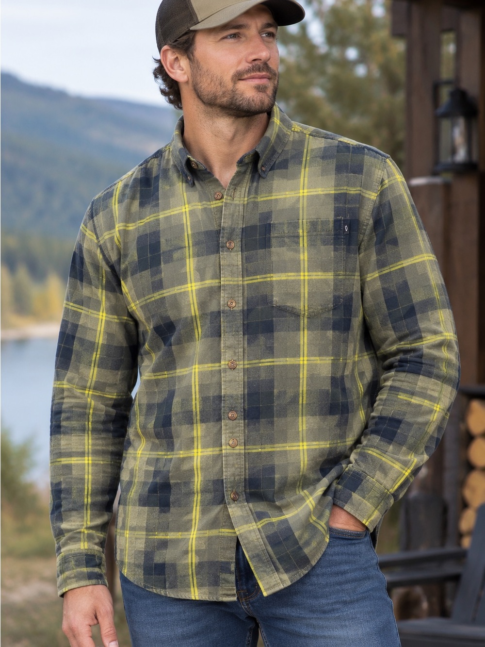Oakley Mens Olive Plaid Button-Down Flannel